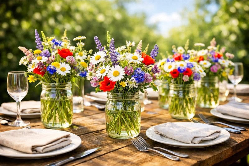 A wooden table outdoors set with mason jars filled with colorful wildflowers as centerpieces, surrounded by plates and cutlery.