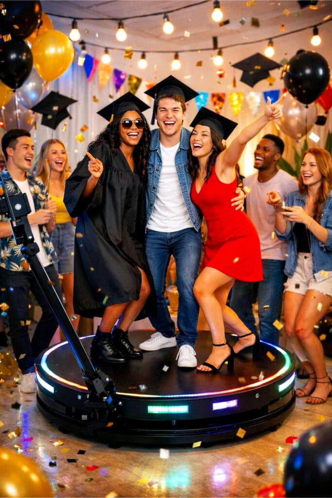 A group of young adults celebrating at a graduation party around a 360 photo booth with colorful decorations and joyful expressions.