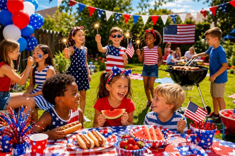 Children enjoying a 4th of July party outdoors with patriotic decorations, playing games, and eating snacks.
