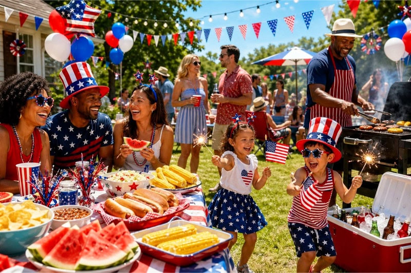 People enjoying a sunny outdoor 4th of July party with patriotic decorations, food, and activities.