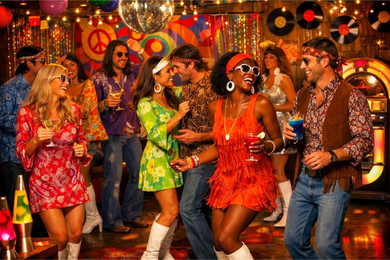A group of people enjoying a lively indoor 1960s-themed party with colorful retro decorations and vintage outfits.