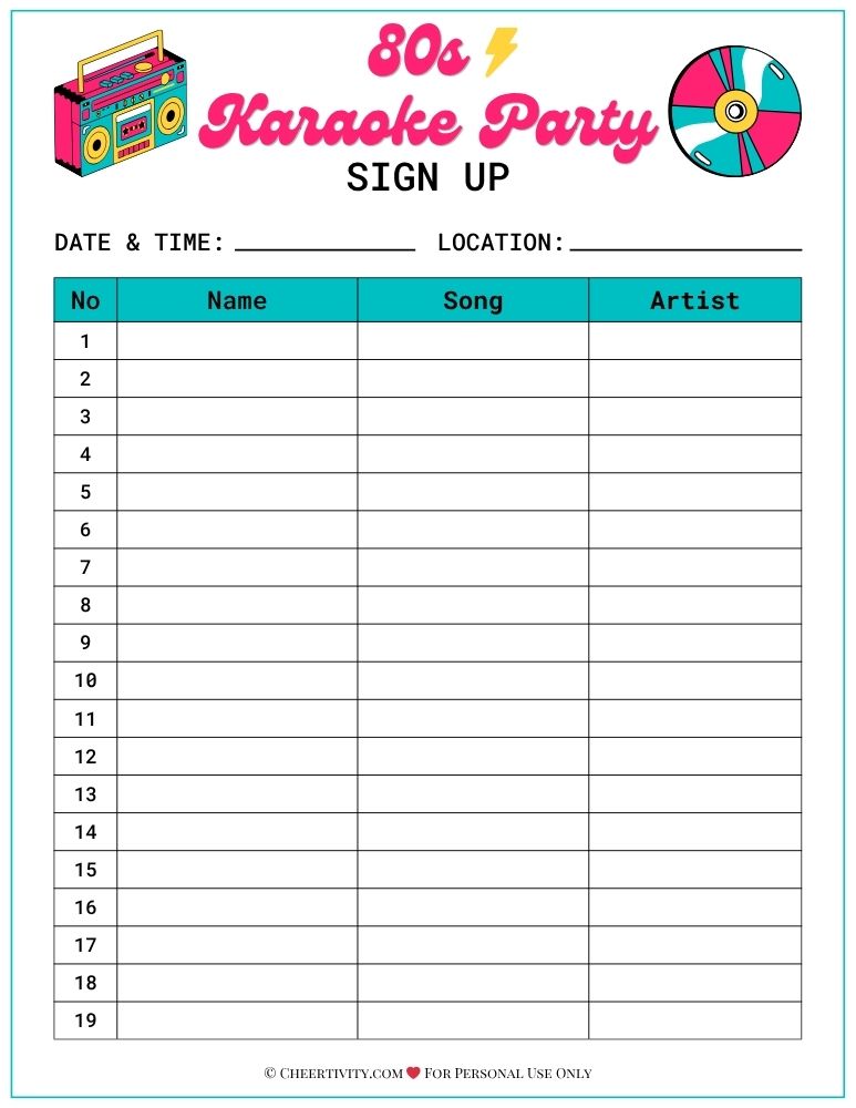 80s Karaoke Party Sign Up sheet with illustrations of an 80s style boombox and a CD