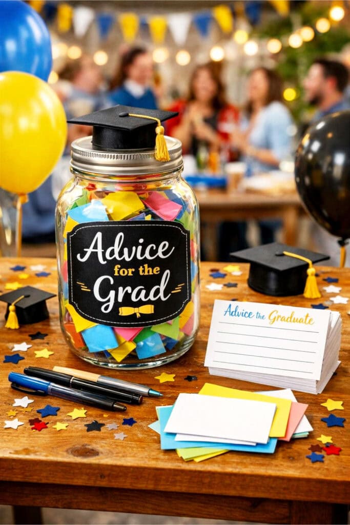 A graduation party table with a glass jar filled with colorful notes, pens, and graduation decorations in a festive setting.