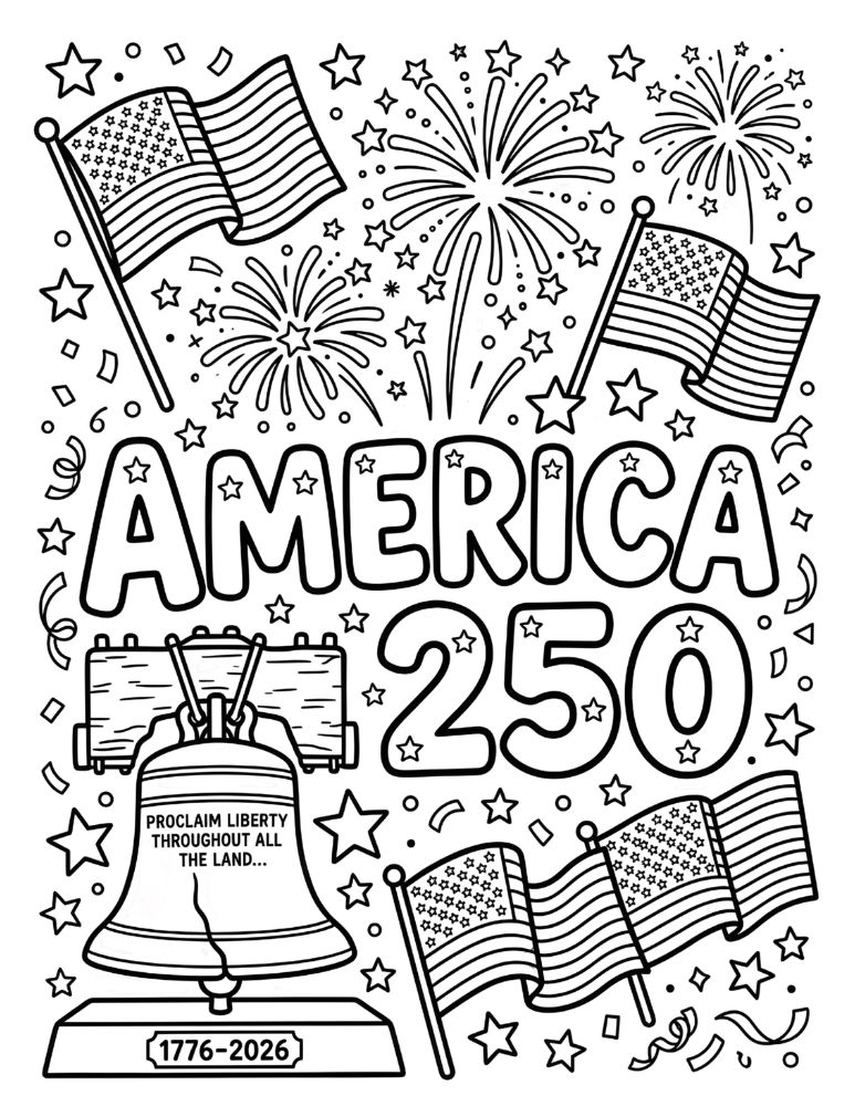Black and white America 250 coloring page with bubble text, fireworks, stars, flags, and patriotic decorations.