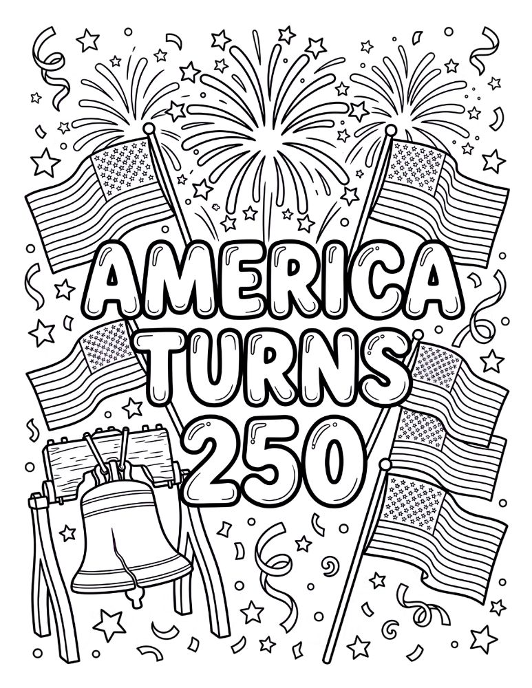 Black and white coloring page with America Turns 250 text, fireworks, flags, stars, and patriotic decorations.