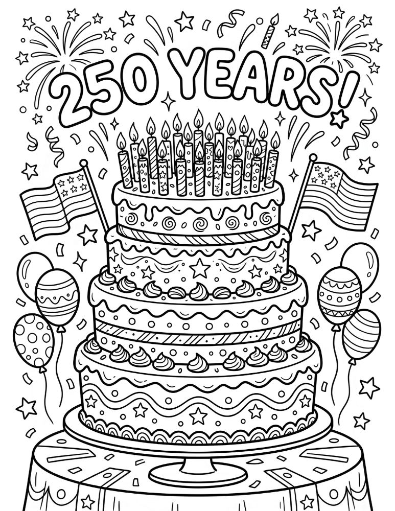 Black and white coloring page with birthday cake, candles, stars, flags, and 250 years celebration theme.