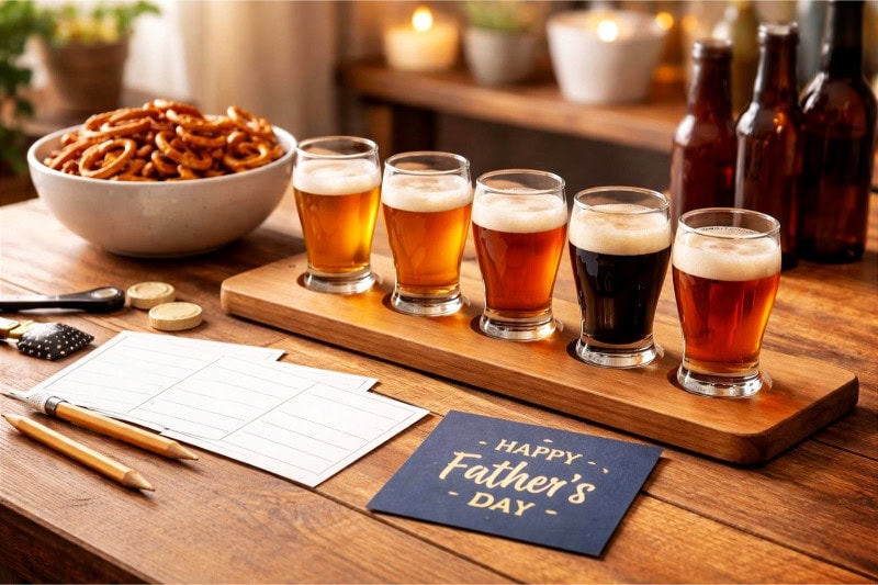A table with craft beer tasting glasses, tasting cards, and a bowl of pretzels in a cozy home setting.