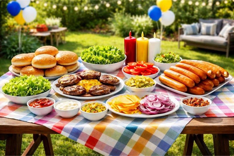 Outdoor backyard BBQ with a table set up for making burgers and hot dogs, featuring various fresh toppings and buns on a sunny day.