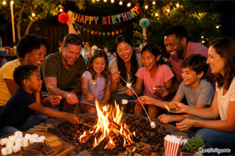 Children and adults gathered around a campfire in a backyard, making and eating s'mores during a summer birthday party.