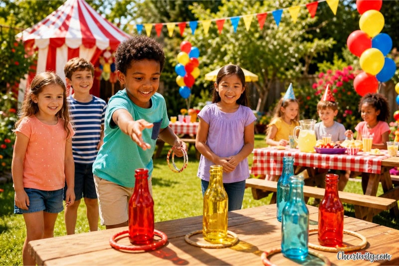 Children playing ring toss at a colorful backyard carnival party with balloons and decorations on a sunny summer day.