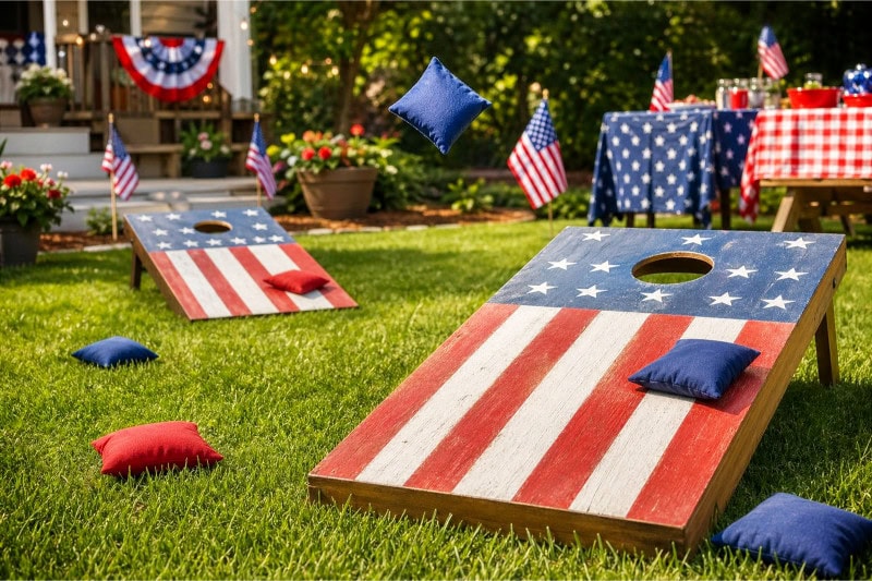 A backyard with cornhole boards painted like the American flag on a green lawn, surrounded by bean bags and small festive decorations.