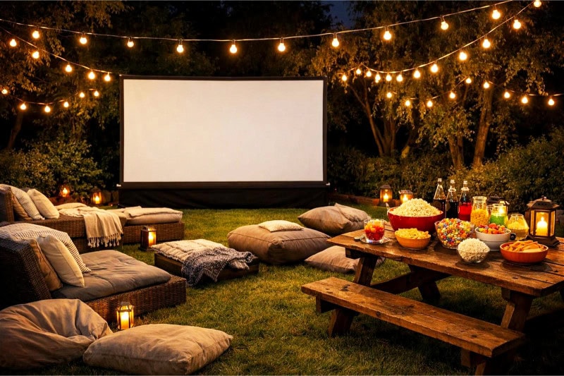 A backyard at night set up for a movie marathon with a projector screen, comfortable seating, string lights, and snacks on a picnic table.