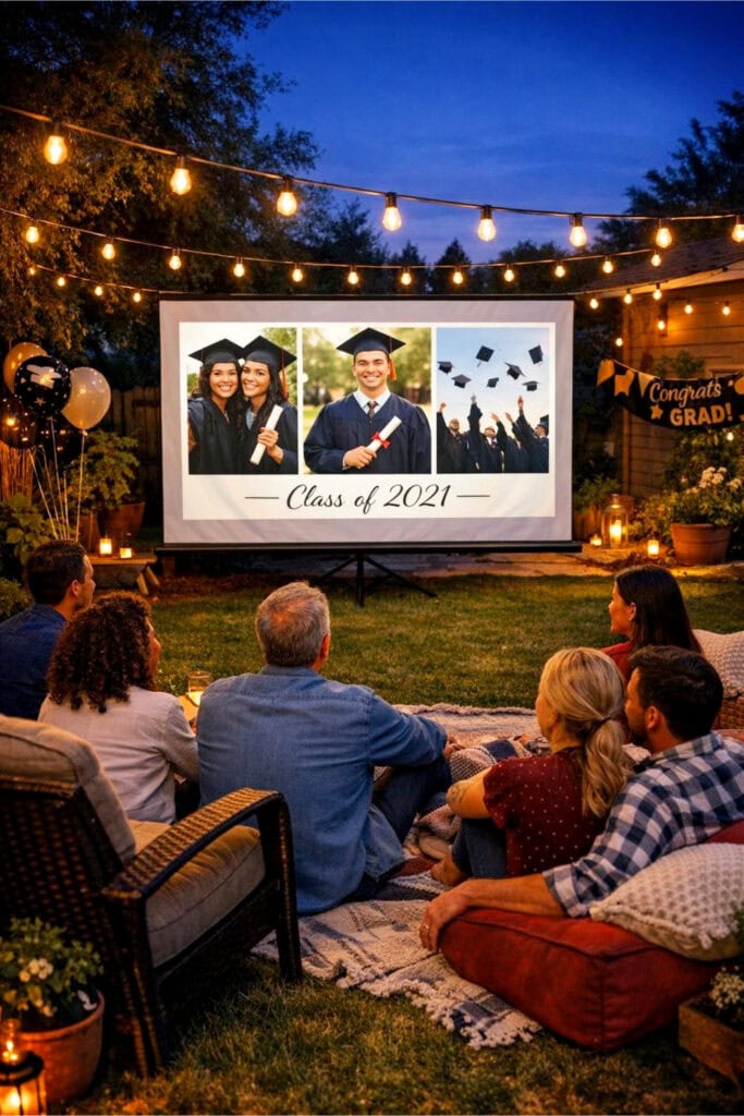 A group of people gathered in a backyard at dusk watching a graduation slideshow projected on a large screen with string lights overhead. Graduation party aesthetic