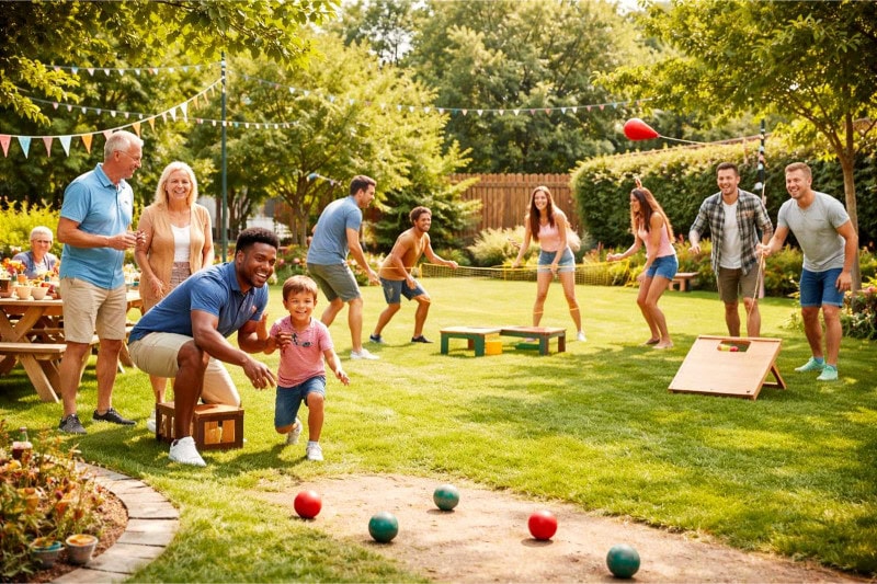 Family and friends playing bocce ball, spikeball, and cornhole together in a sunny backyard during a lively outdoor gathering.
