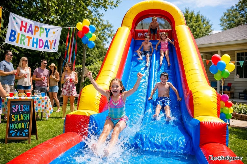 Children playing on an inflatable water slide in a backyard during a summer birthday party with colorful decorations and adults watching nearby.
