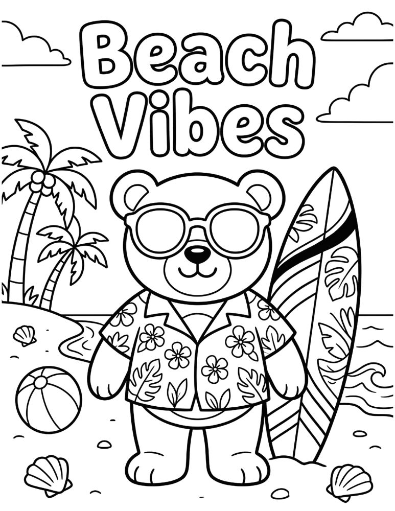 Cute bear wearing sunglasses and a Hawaiian shirt standing beside a surfboard on a tropical beach