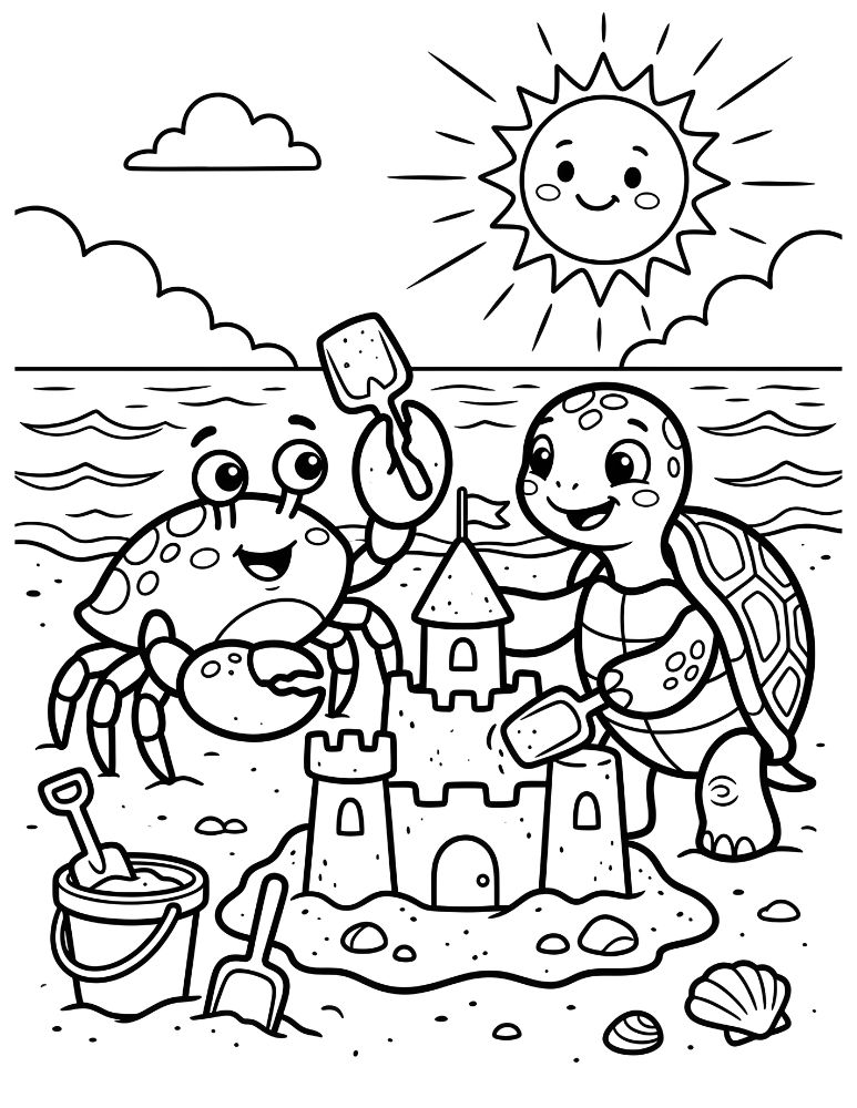 Cute crab and turtle building a sandcastle on the beach coloring page