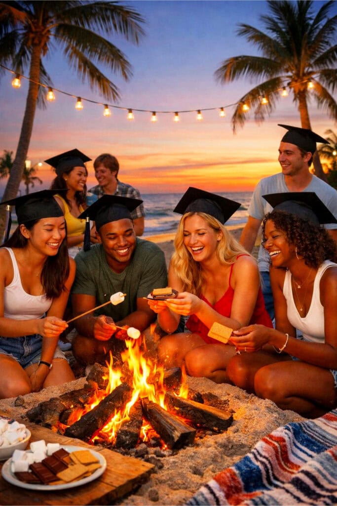 A group of young people enjoying a beach bonfire at sunset, roasting marshmallows and making s'mores.