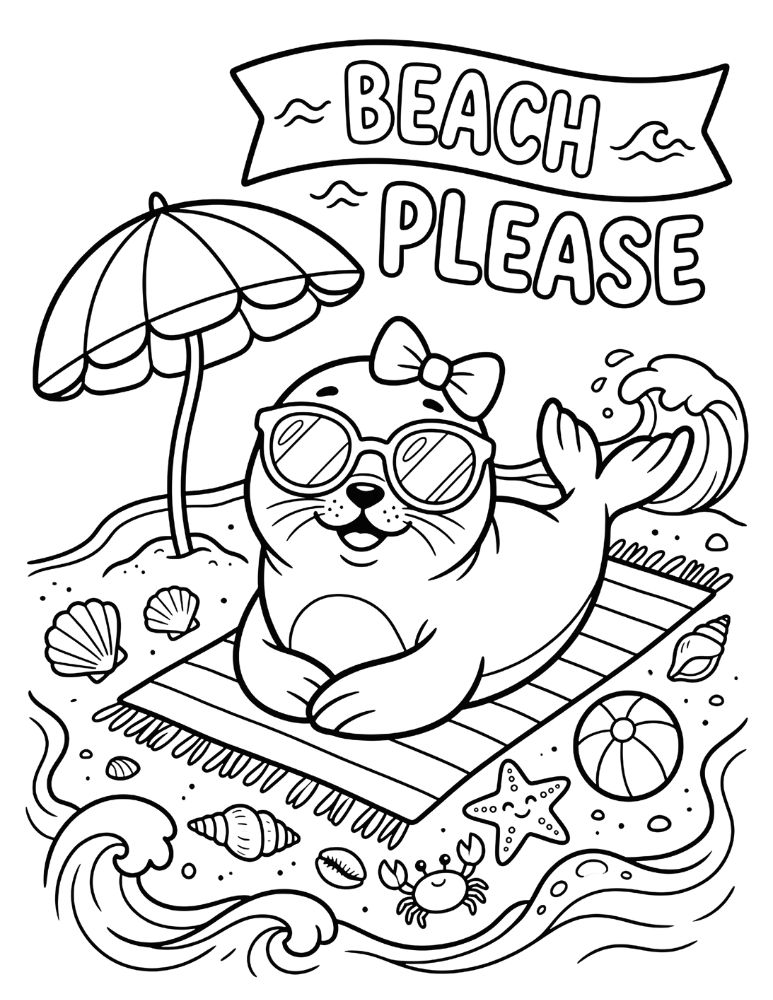 Cute baby seal wearing sunglasses relaxing on a beach towel beside a beach umbrella