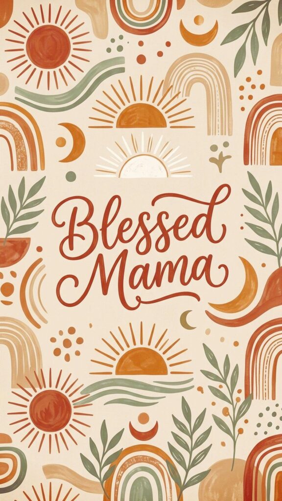 boho style wallpaper, earthy tones like terracotta, beige, and sage green, abstract shapes and sun motifs, warm and cozy feel, centered text ‘Blessed Mama’ in relaxed handwritten font