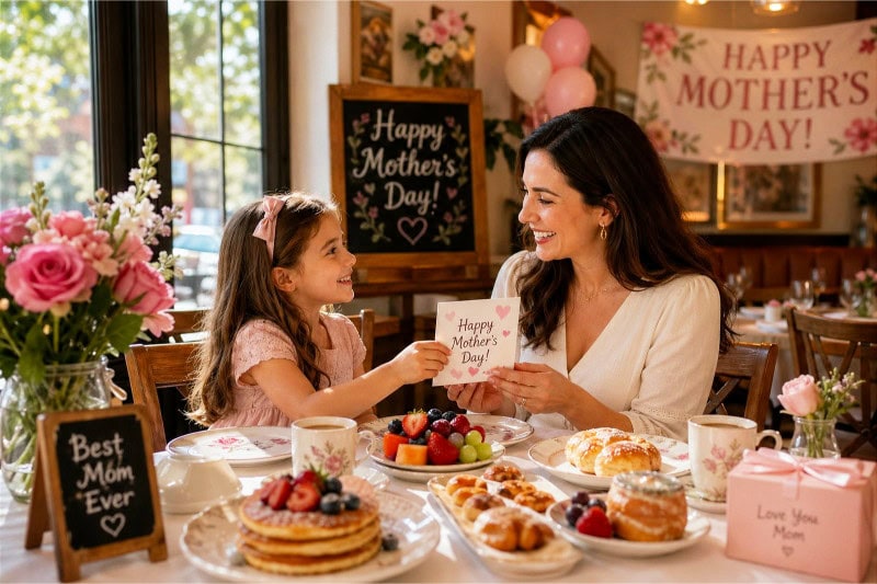 A mother and a daughter sitting at a restaurant table, having a Mother's Day brunch with a warmly decorated dining setting around them.