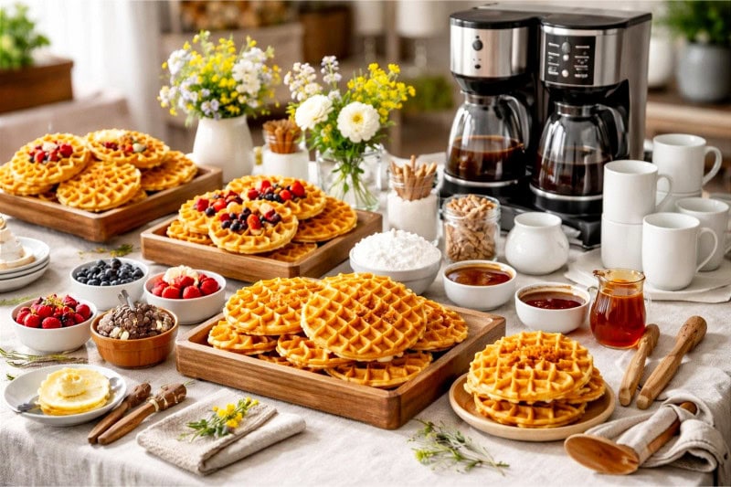 A brunch party table with waffles, various toppings, and a coffee station with cups and coffee pots.