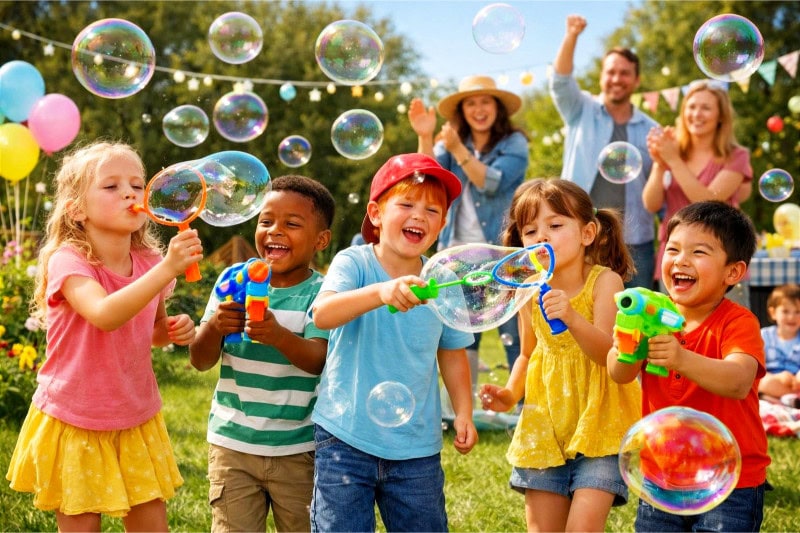 Children blowing bubbles outdoors at a spring party, surrounded by grass, flowers, and cheering people.