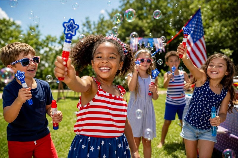 Children playing outdoors with patriotic bubble wands and bubbles on a sunny day during a 4th of July party.