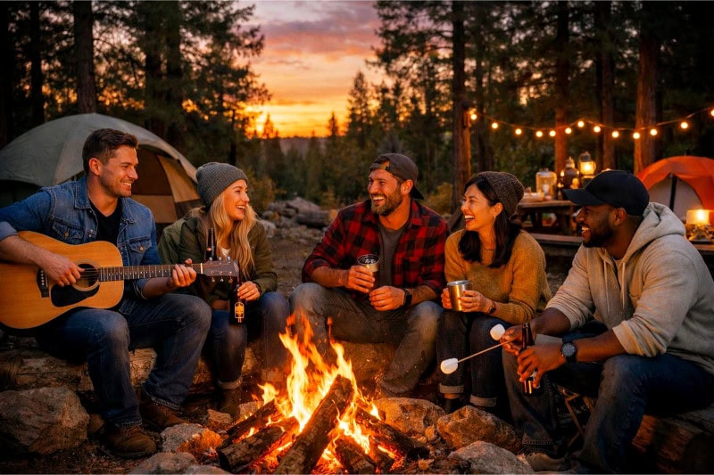 A small group of people enjoying a lively camping party around a campfire in a forest with a few tents and a picnic table at sunset.