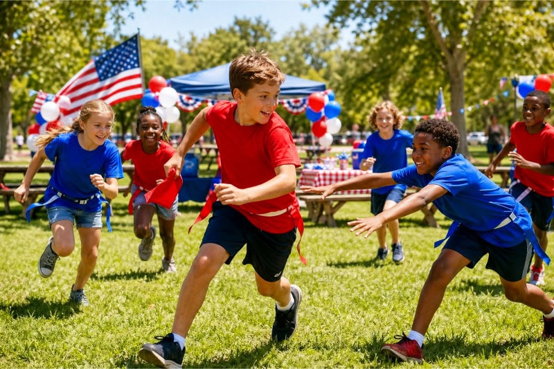 Children playing Capture The Flag in red and blue shirts outdoors on a sunny day with picnic tables and festive decorations in the background.