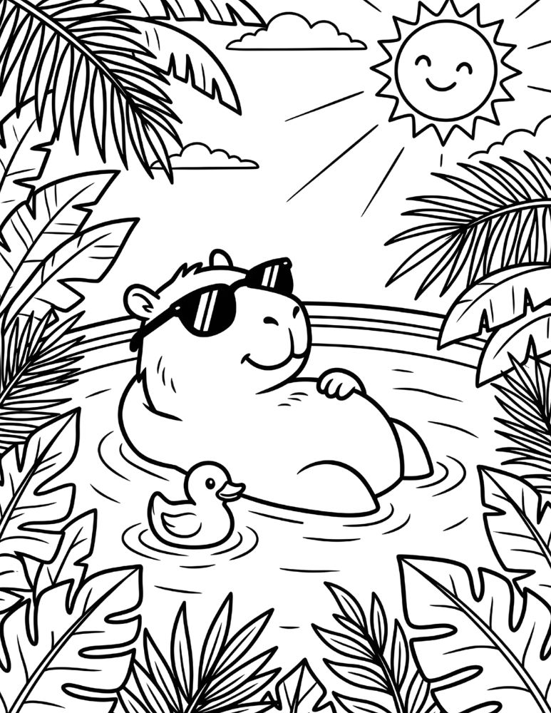 Cute capybara floating in a swimming pool with sunglasses and tropical leaves coloring illustration