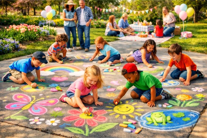 Children drawing colorful chalk art on a sidewalk outdoors during spring, surrounded by greenery and flowers.