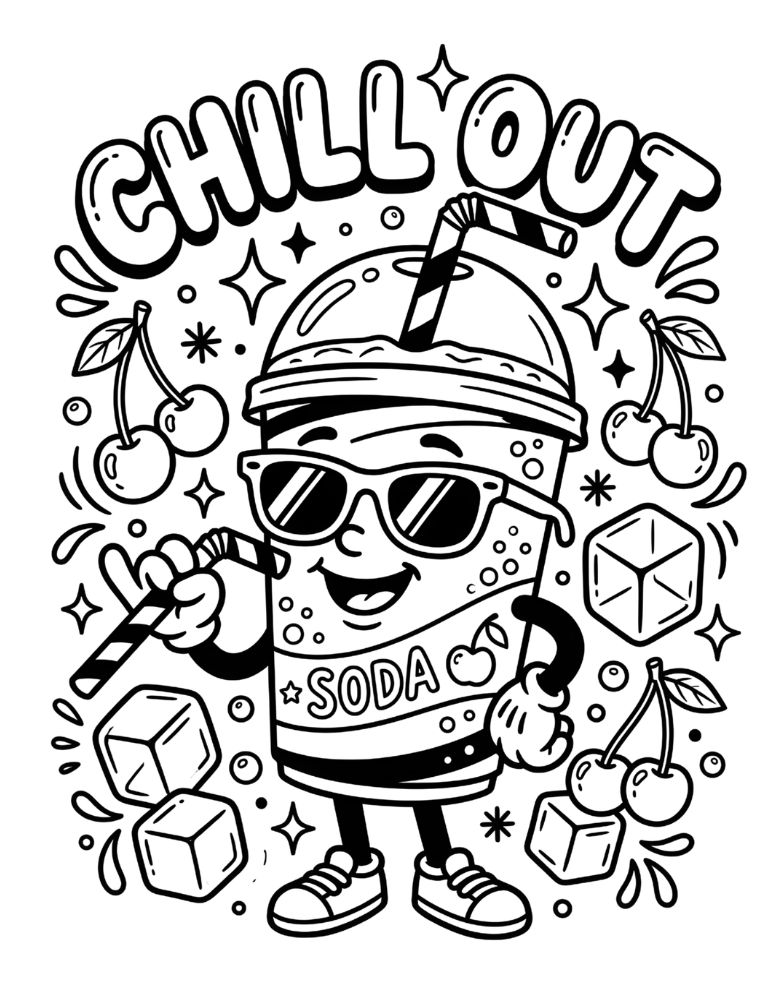 Cute retro soda cup with sunglasses and Chill Out text coloring illustration