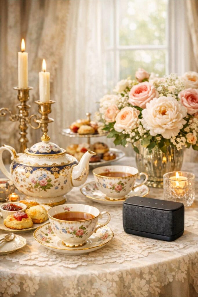 A cozy afternoon tea setup with fine china, a teapot, and a small Bluetooth speaker on the table, surrounded by flowers and candles. The scene feels warm and inviting, with soft natural light and a gentle, romantic aesthetic inspired by Regency-era elegance.