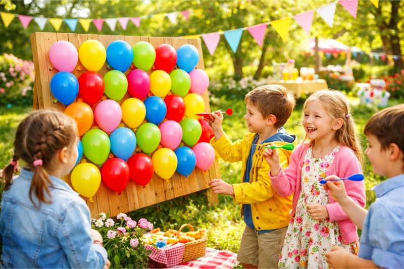 Children playing a colorful balloon darts game outdoors at a spring party with balloons on a board and greenery in the background.