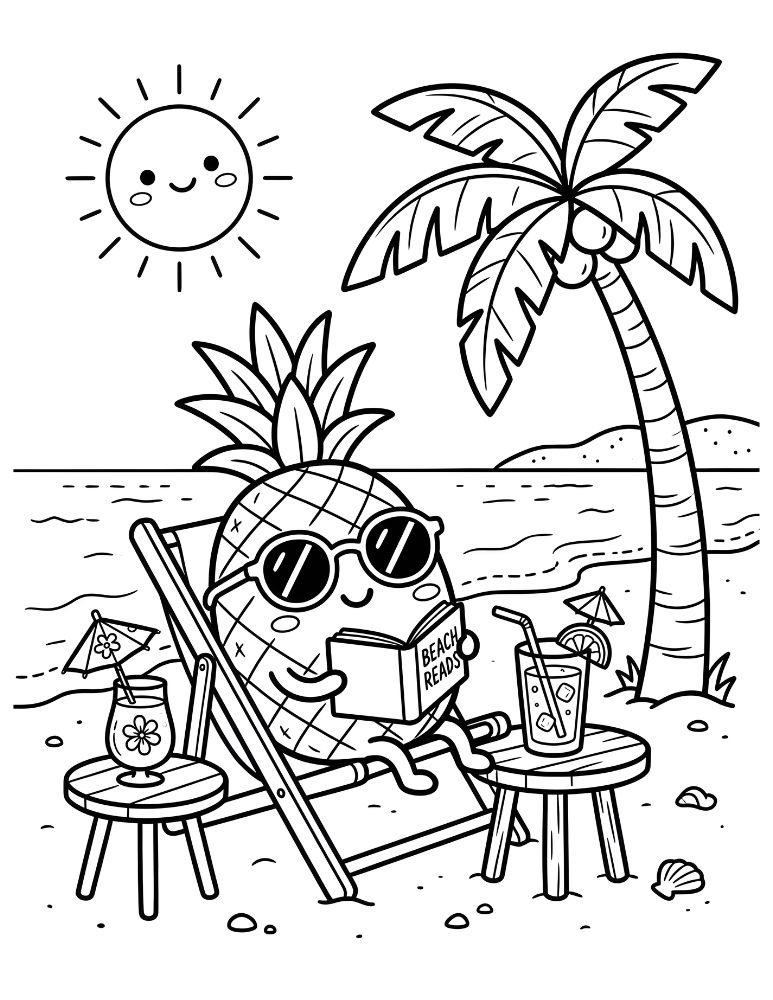 Cute pineapple wearing sunglasses sitting in a beach chair next to a palm tree coloring page
