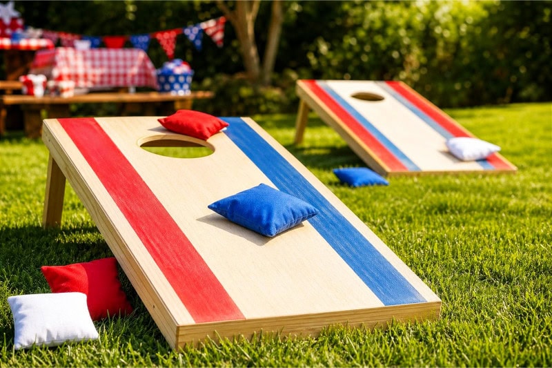 Cornhole boards on grass with red, white, and blue bean bags arranged around them in a backyard setting.