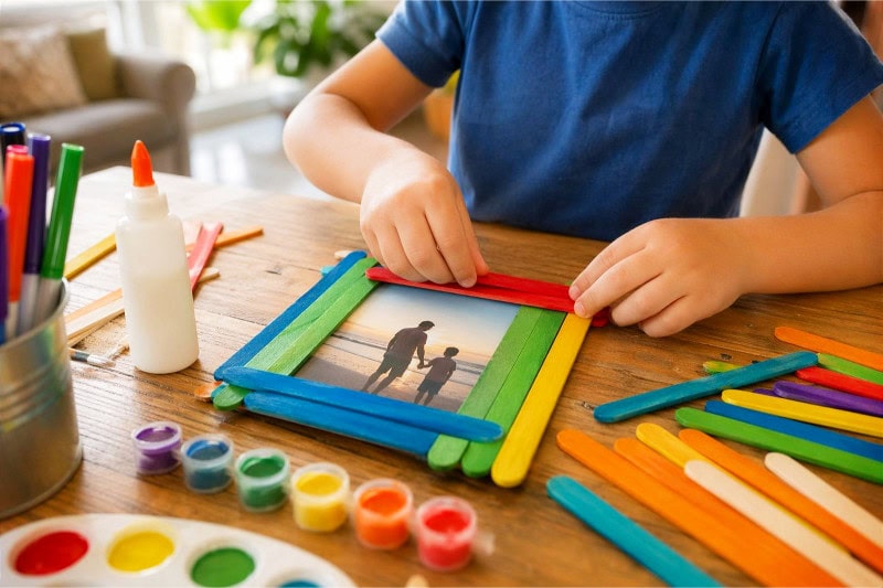 Child's hands assembling a colorful popsicle stick picture frame on a table with art supplies.