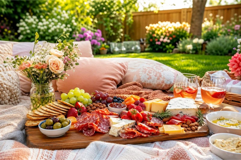 A backyard picnic setup featuring a wooden charcuterie board with meats, cheeses, fruits, and nuts on a picnic blanket surrounded by cushions and flowers.
