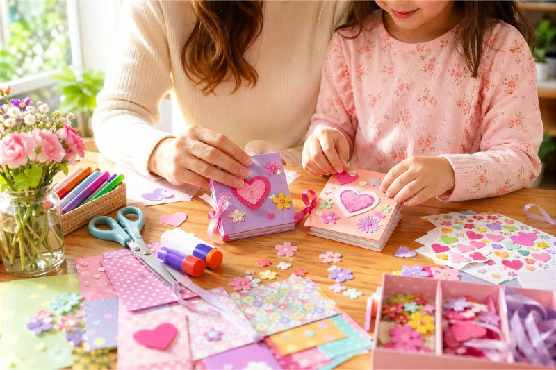 Hands of an adult and child creating a colorful handmade coupon book together at a table with various craft supplies.