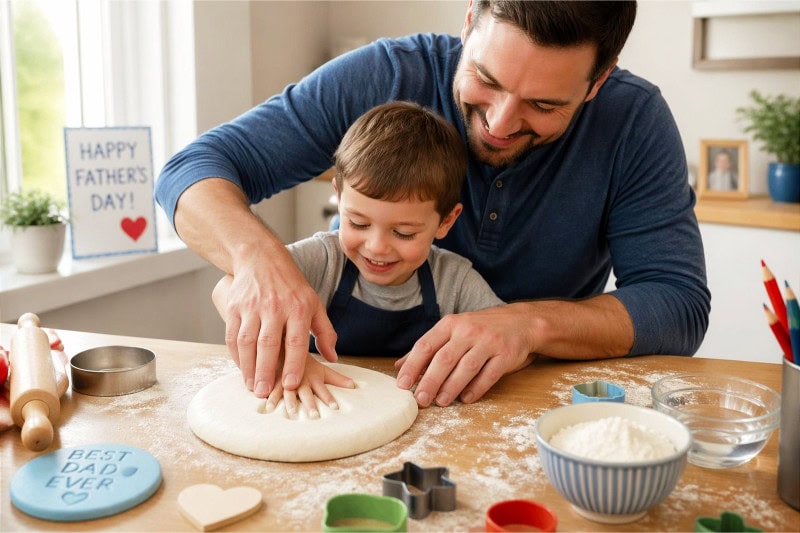 A father and child making a salt dough handprint keepsake together at a table with crafting materials.