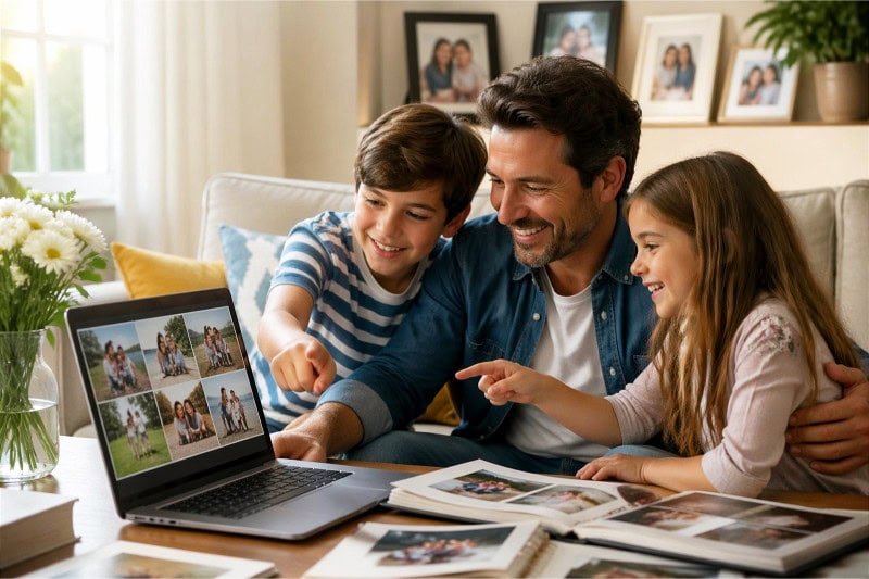 A father and his children happily creating a slideshow together on a tablet in a bright living room.