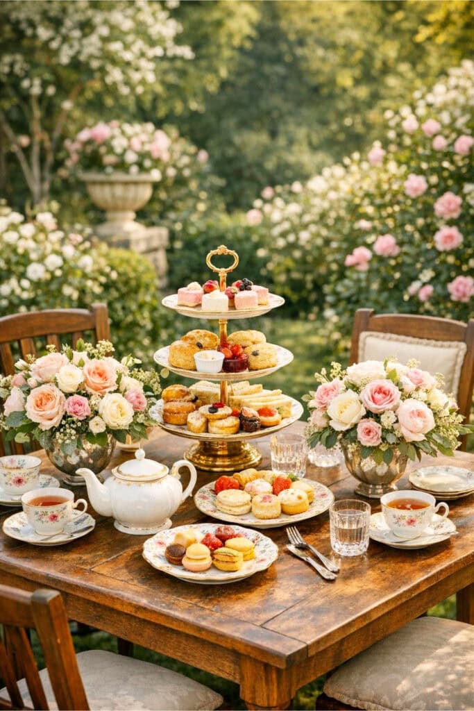 An outdoor garden tea party setup with a table set with teacups, a teapot, a tiered tray of pastries, and floral centerpieces surrounded by chairs and garden plants. Regency-style tea party aesthetic.