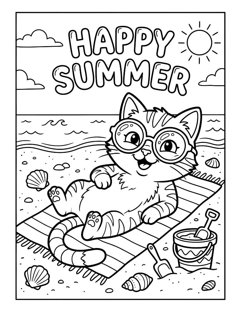Cute cat wearing sunglasses relaxing on a beach towel with Happy Summer text coloring page