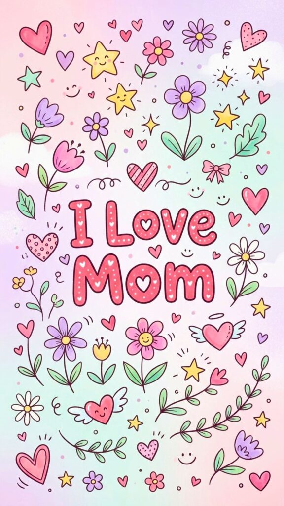 cute doodle style wallpaper, soft pastel background, hand-drawn hearts, flowers, and stars, playful and fun, centered text ‘I Love Mom’ in rounded playful font, youthful and cheerful, vertical layout