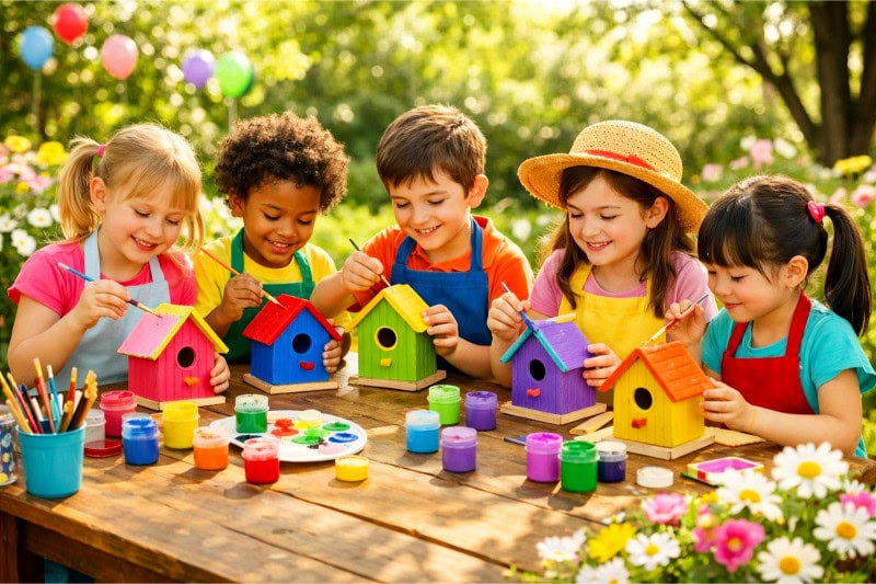 Children painting wooden birdhouses outdoors at a spring party, surrounded by flowers and greenery.