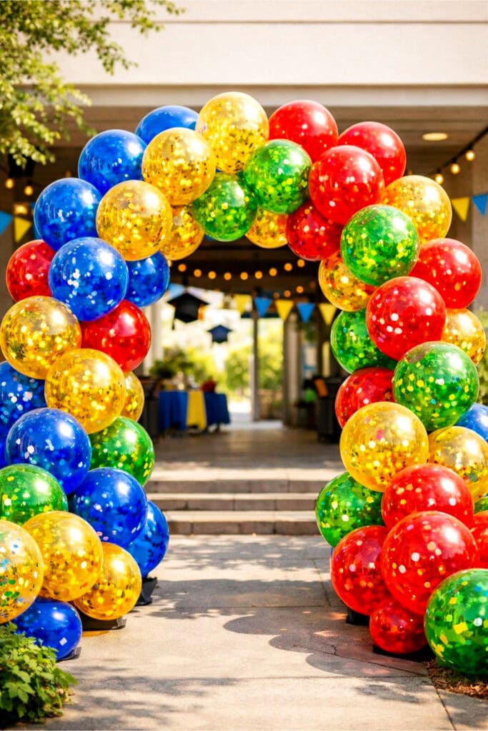 A colorful balloon arch made of confetti-filled balloons in school colors forming an entrance for a graduation party outdoors.