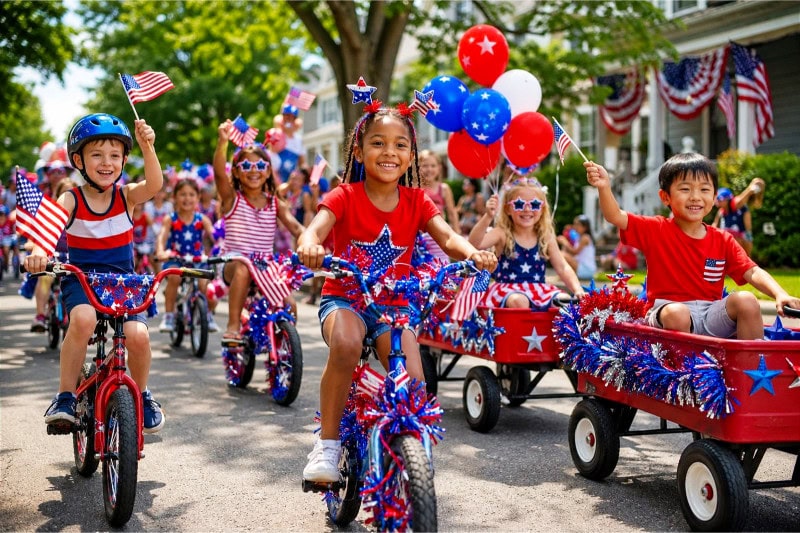 Children riding decorated wagons and bicycles with mini American flags during a 4th of July parade on a sunny neighborhood street.