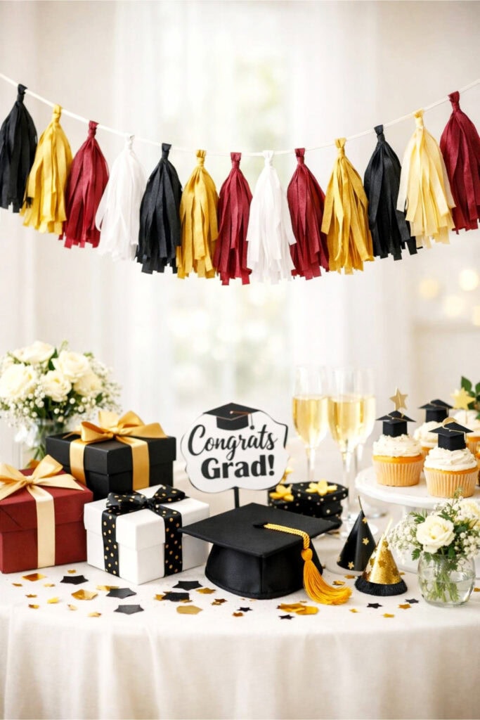 A colorful tassel garland hanging above a decorated table with graduation party decorations.