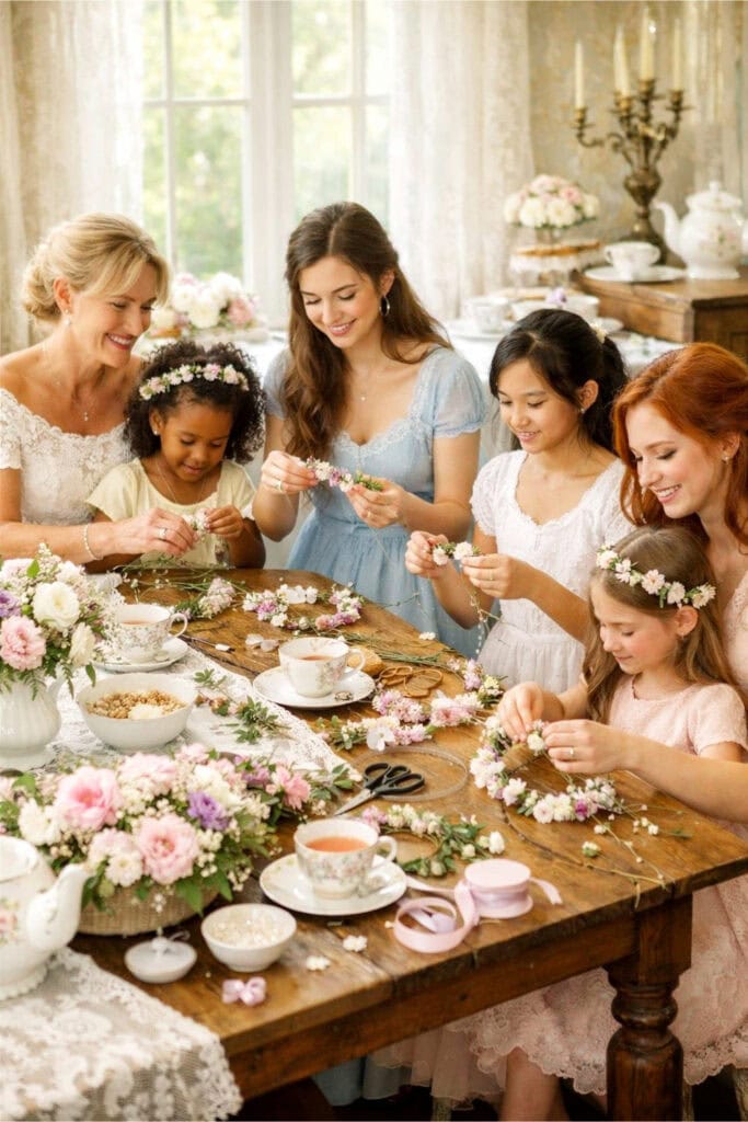 A group of women and girls sitting around a table making floral crowns and hair accessories with fresh flowers and crafting supplies.